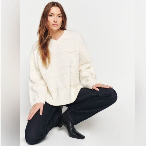 Reformation Brandy Oversized Crew Sweater 100% Organic Cotton Cream Textured XS - Picture 1 of 10